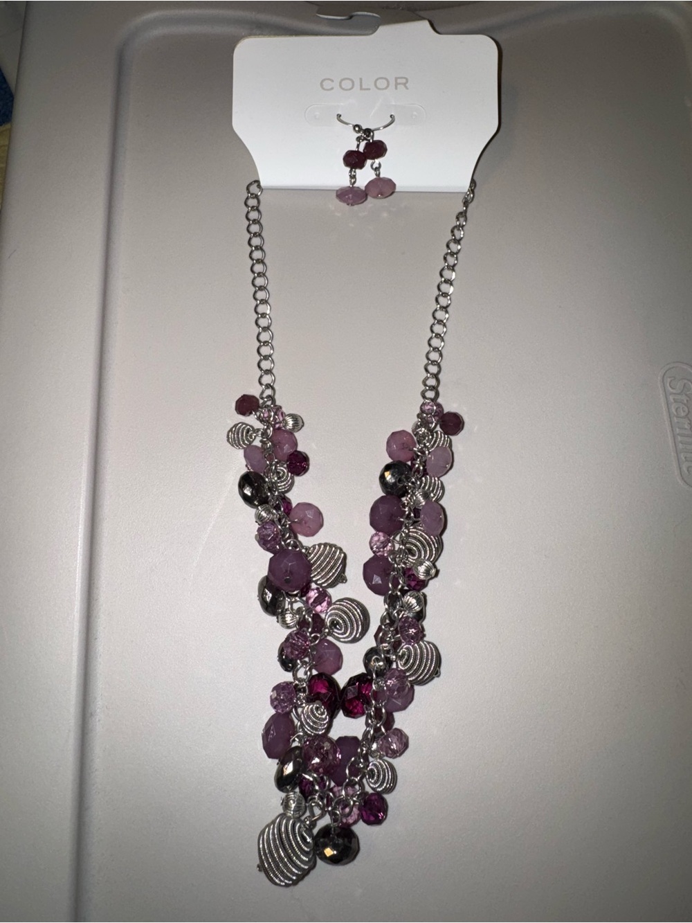 COLOR Purple Multi-Bead Silver Chain Necklace and Earrings Set